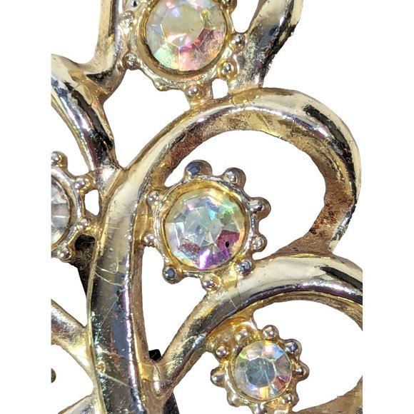 Vintage 1960s Gold Tone Swirl Leaf Brooch Clear Rhinestones 2 x 1.5 inch - Picture 4 of 7